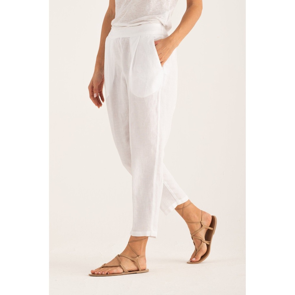 120% Lino NWT Women's White Pleated Linen Pants Elastic Waist Relaxed Italian XS